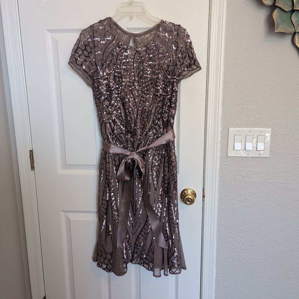 SEQUIN LACE & ILLUSION | Godet A-Line Dress | 12 | WORN 1x | Mauve \ Gatsby 1920